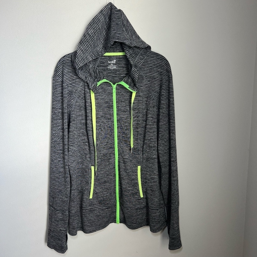 Lukka Hooded Athletic Full Zip Jacket Gray Black Stripes Pockets Thumb Holes XL
